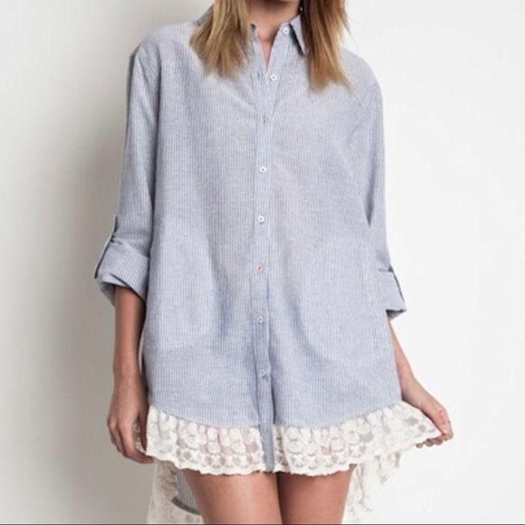 Umgee Women’s Medium Pinstripe Lace High Low Button Down Tunic Top - Picture 1 of 8